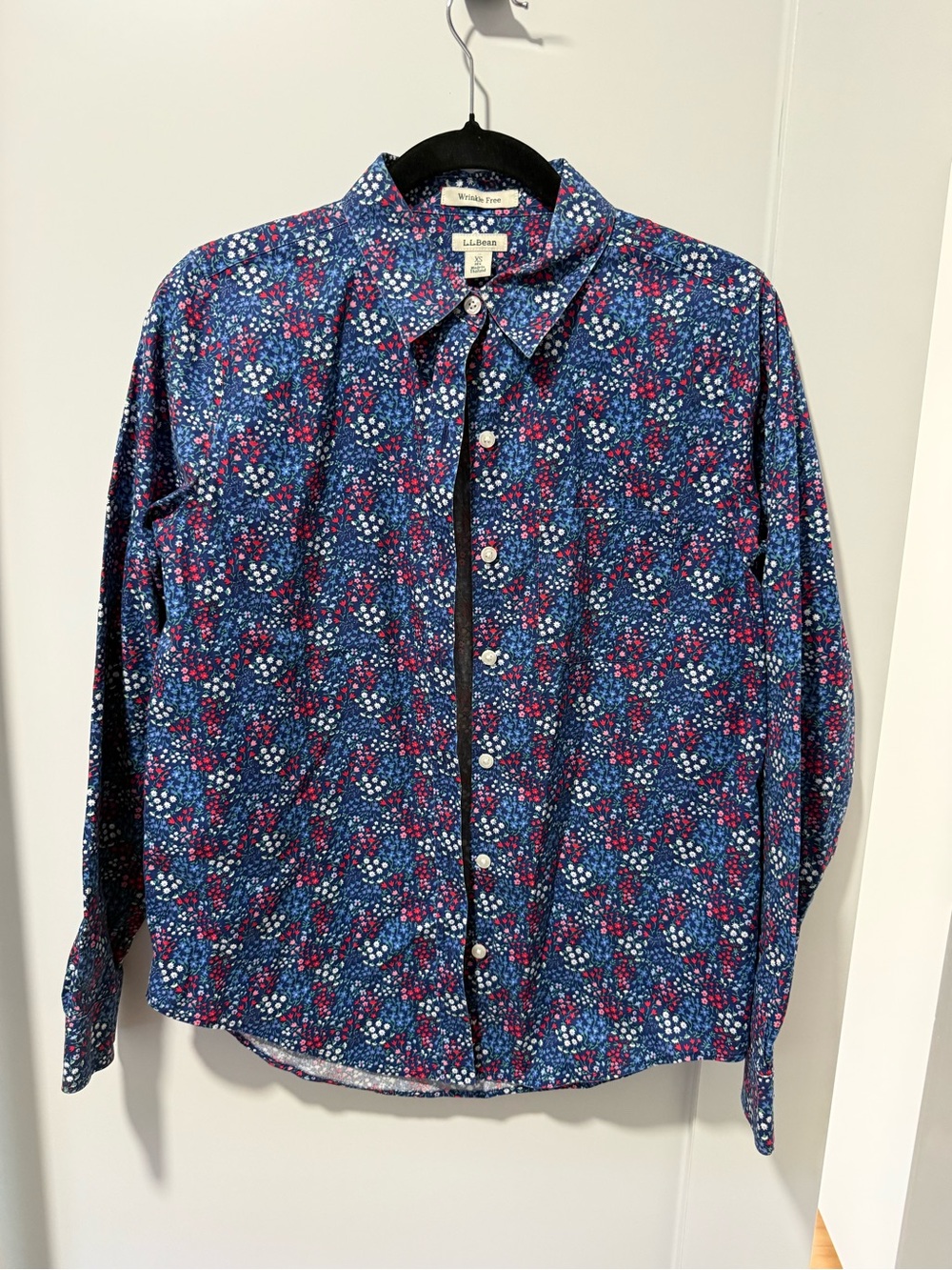 L.L.Bean Navy Floral Button-Up Shirt with Pink & Red Accents